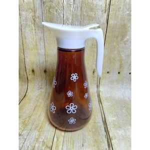 Vtg Amber Thatcher Syrup Server Brown Jar  & White Daisy Flowers (ebc)